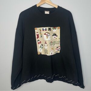 Vintage Christmas Sewn Pullover Sweater with Snowmen (X-Large)
